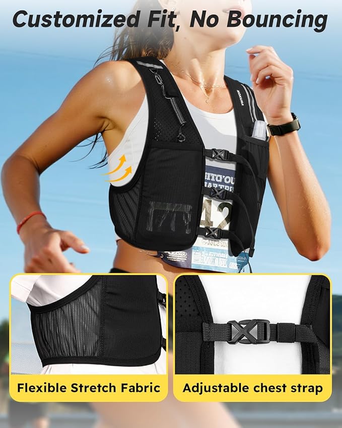 MOKURA Running Vest for Women Men, Adjustable Reflective Running Hydration Vest with 500mL Soft Flask and Phone Holder, Lightweight Water Bottle Vest for Marathon Trail, Hiking, Racing