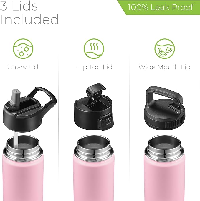 SipX™ Triple-Insulated Stainless Steel Water Bottle 18oz. With 3 Lids, BPA-Free Reusable Insulated Water Bottle Keeps Cold 24 Hours, (Pink)