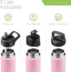 SipX™ Triple-Insulated Stainless Steel Water Bottle 18oz. With 3 Lids, BPA-Free Reusable Insulated Water Bottle Keeps Cold 24 Hours, (Pink)