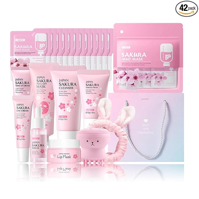 Skin Care Set Sakura Women Beauty Gift Sets Korean Skin Care Kit- Cleanser,Serum,Face Cream,Toner,Eye Cream,Mud Mask-Skin Care Routine Kit (One Size, Cherry Blossom-StyleB-Luxury Moisturizing)
