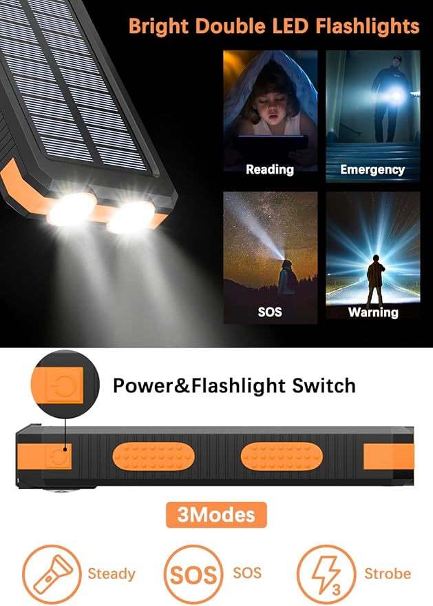 Solar Charger Power Bank - 36800mAh Solar Phone Charger, USB-C QC3.0 Fast Charger with LED Flashlight, IP65 Waterproof Portable Power Bank for Camping, Hiking Outdoor Activities