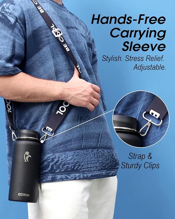 Coolflask 32 oz Water Bottle with Strap, Insulated Metal Water Flask with Straw & Spout Lids, Stainless Steel Double Wall Vacuum, Keep Cold 48h Hot 24h, Leak Proof & Non-BPA, Magic Black