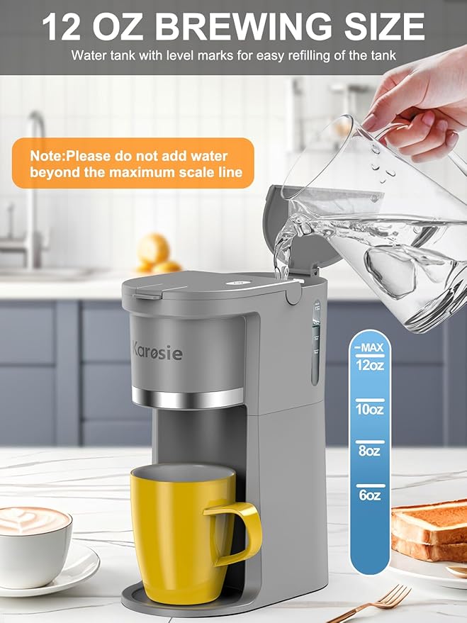 Slim Single Serve Coffee Maker, Fast Brew for K-Cup & Ground Coffee Small One Cup Coffee Maker, 6-12 Oz Brew Sizes, Coffee Machine with Descaling Reminder and Water Window,Grey
