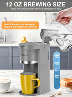 Slim Single Serve Coffee Maker, Fast Brew for K-Cup & Ground Coffee Small One Cup Coffee Maker, 6-12 Oz Brew Sizes, Coffee Machine with Descaling Reminder and Water Window,Grey