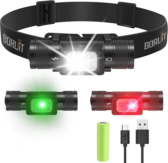 BORUIT HP360 Headlamp Rechargeable (Cob Red and Green) 7 Modes Super Bright Head Lamp,180°Angle Head Lights for Forehead, IP67 Waterproof Headlamps for Adults Outdoor Hunting Hard Hat Camping Hiking