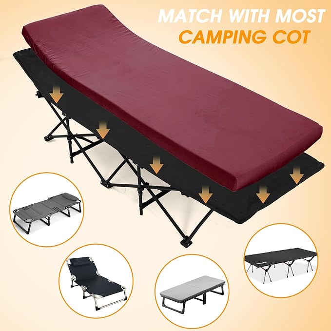CYMULA Camping Cot Mattress 2in Memory Foam Sleeping Pad,Soft Warm Non-Slip Camping Mattress Topper with Retaining for Adults,Portable Roll up Pad for Travel(75 x30)（only Mattress）