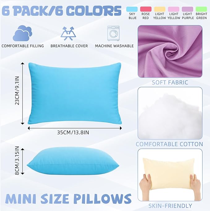 Kigley 6 Pack Mini Pillows for Daycare 9.1 x 13.8'' Small Travel Soft Breathable Cotton Pillow for Kids School Nap Travel Pet Neck Lumbar Purse Insert (Macaron Colors)