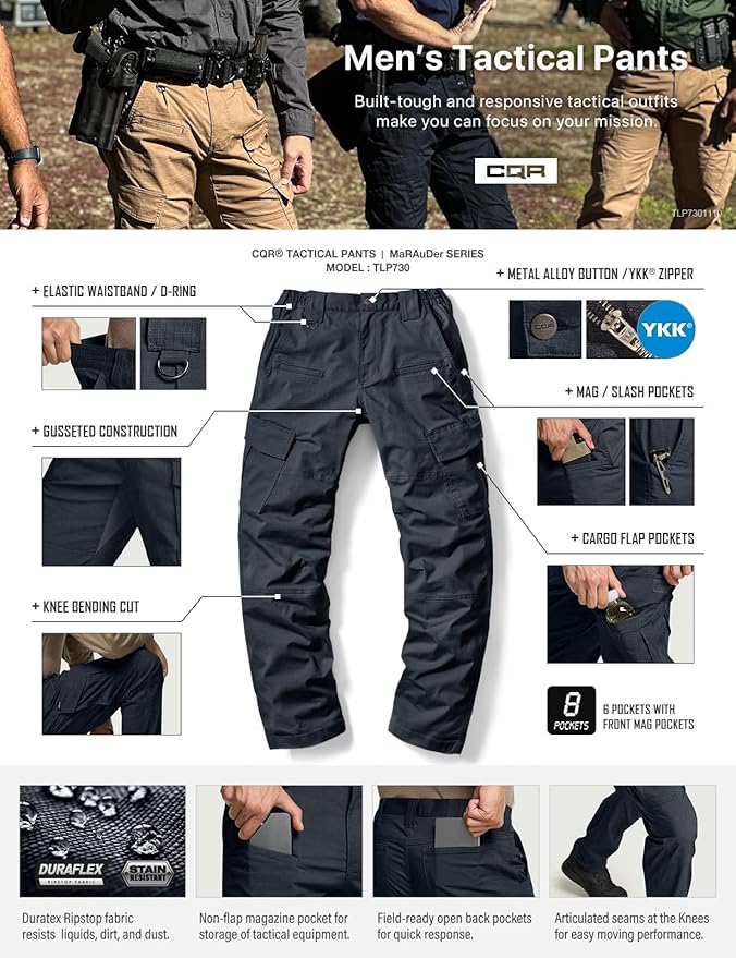CQR Men's Flex Ripstop Tactical Pants, Water Resistant Stretch Cargo Pants, Lightweight EDC Hiking Work Pants
