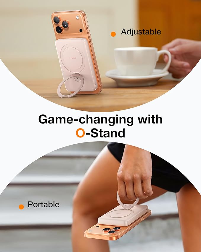 TORRAS EasyGo 10000mAh Magnetic Portable Charger Power Bank for iPhone, Fast Charging Travel Essential Wireless Battery Pack with Stand Compatible with Magsafe,17 Pro Max,Pro,16,15,14,13,12, Rose Gold