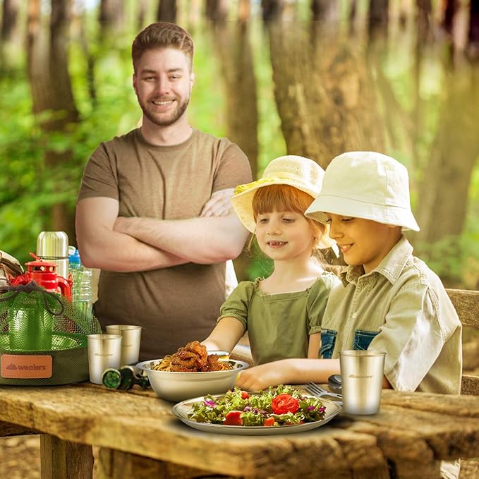 Unique Complete Messware Kit Polished Stainless Steel Dishes Set| Tableware| Dinnerware| Camping| Includes - Cups | Plates| Bowls| Cutlery| Comes in Mesh Bags