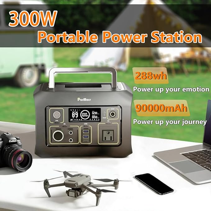 Portable Power Station 300W(Peak 500W), 288Wh (90,000mAh) Solar Generator with 110V Pure Sine Wave AC Outlet, lifepo4 Battery Portable Power Bank for Outdoor Camping, Traveling, and Emergencies