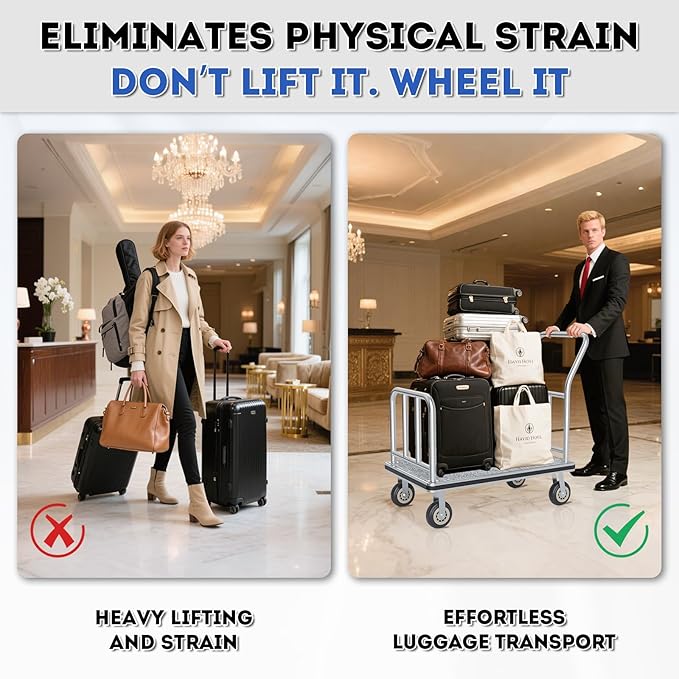 Hotel Luggage Cart Commercial Grade Brushed Stainless Steel, 900LBS Heavy Duty Bellman's Cart with 8" Rubber Wheels & Grey Carpeted Deck Luggage Trolley for Hotels Resorts (Silver, 38"× 42" × 25")