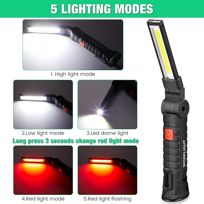 Honoson 4 Pieces LED Work Light Cob Rechargeable Work Flashlight with Magnetic Base, Hanging Hook and 360° Rotate 5 Modes Portable LED Flashlight for Car Repair, Household and Outdoor(Large)