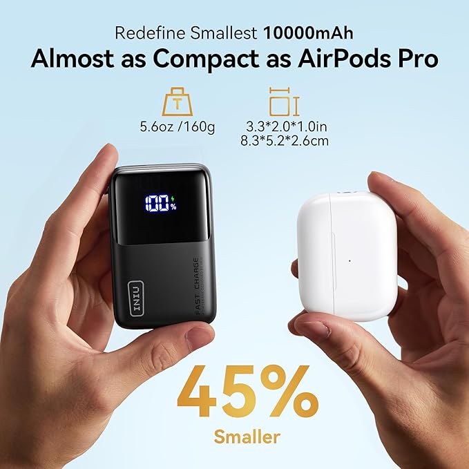 INIU Pocket Size Portable Charger, Ultra Small 10000mAh 45W PD Power Bank, USB C in&Out Fast Charging Battery Pack, Travel Essentials Powerbank for iPhone 17 16 15 14 Pro Air, iPad, Samsung S24 etc