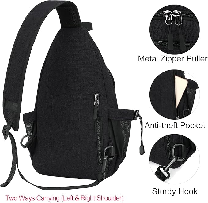 MOSISO Sling Backpack,Canvas Crossbody Hiking Daypack Bag with Anti-theft Pocket, Black