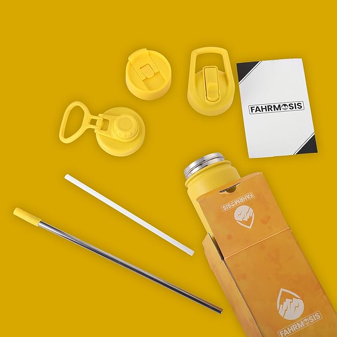 32 Oz Water Bottle with Straw Stainless Steel Sports Water Bottle with 3 Lids (Straw, Chug & Flip Lid) 1 Liter Leak Proof Insulated Metal Jug for Men & Women - Yellow