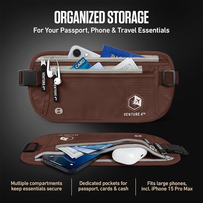 VENTURE 4TH RFID Money Belt for Travel with RFID Blocking Sleeves – Slim Hidden Travel Wallet & Passport Holder for Men & Women, Lightweight Anti-Theft Pouch to Protect Cash, Cards & Documents - Brown