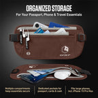 VENTURE 4TH RFID Money Belt for Travel with RFID Blocking Sleeves – Slim Hidden Travel Wallet & Passport Holder for Men & Women, Lightweight Anti-Theft Pouch to Protect Cash, Cards & Documents - Brown
