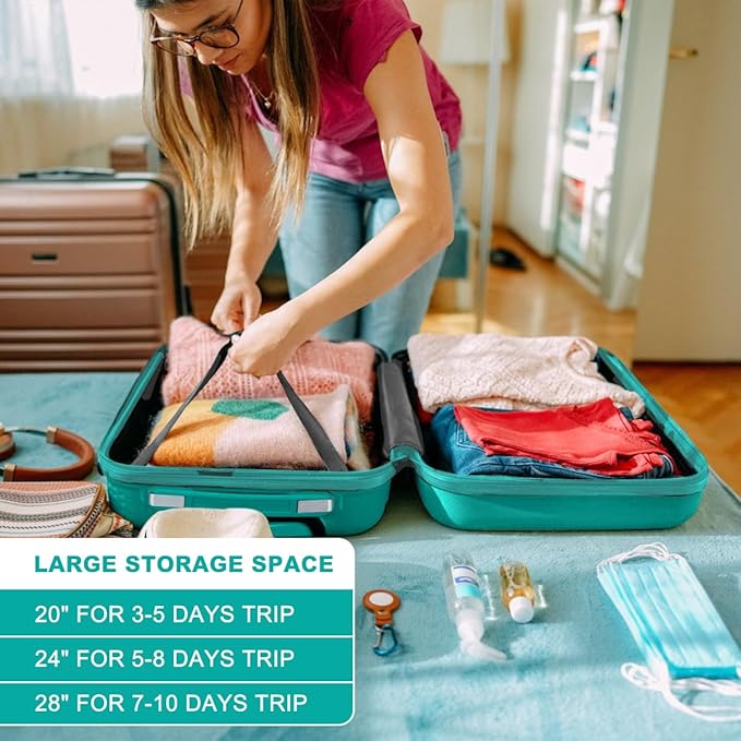 Kono 24 Inch Luggage Suitcase Lightweight with Spinner Wheels TSA Lock Hardside Medium Checked Luggage Durable Rolling Suitcase Turquoise