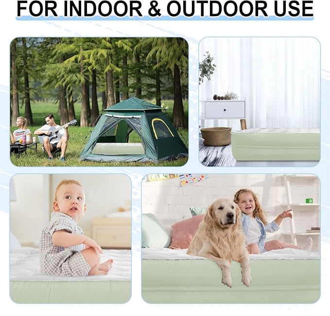 Queen Air Mattress wit with 1300mAh Battery Powered Pump,18"Raised Super soft and comfortable Dutch velvet fabric750lbs Support Portable Inflatable Mattress,Air Bed for Camping, Home and Guest-Green