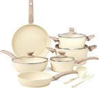Kitchen Academy Induction Pots and Pans Set Non Stick - 12Pcs Beige Nonstick Kitchen Cookware Set, Granite Cooking Pans Set