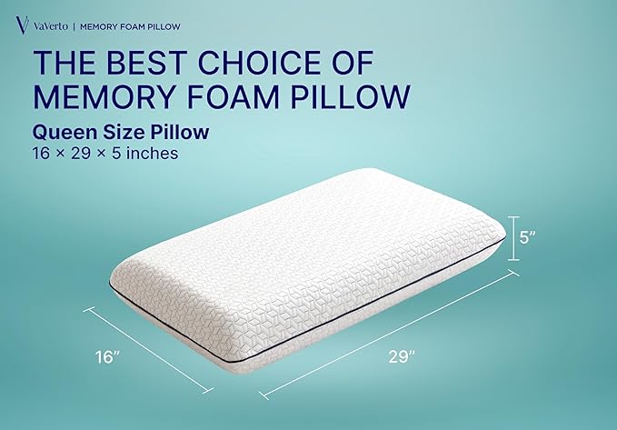 Vaverto Queen Size Gel Memory Foam Pillow - 1-Pack Firm Foam Pillow for Neck, Shoulder Support - Ideal for Back, Side, Stomach Sleepers - Cooling Memory Foam Pillows for Home, Hotel, Hospital
