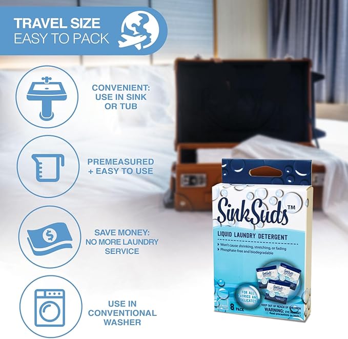 SinkSuds Laundry Detergent Travel Size Liquid Soap TSA Compliant Safe for All Fabrics 12 Packets & 2 Sink Stoppers