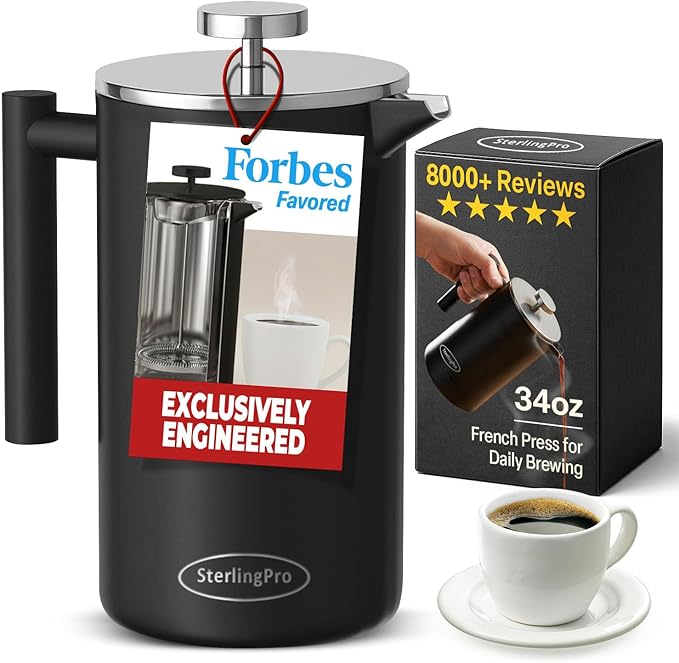 SterlingPro Stainless Steel French Press Coffee Maker 1 L (34 oz) Black – Double Walled Insulated Large Coffee Press, Durable Design Keeps Drinks Hot, Easy to Use and Clean for Rich Flavor Brewing