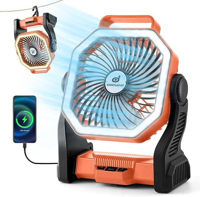 Odoland Rechargeable Camping Fan, 20000mAh Battery Fans with LED Lantern for Tent Car Beach Storm, Portable Ventilador Recargable Light Desk Fan for Picnic Power Outage Hurricane, Orange
