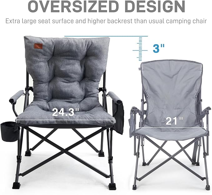 EVER ADVANCED Padded Oversized Folding Camping Chair for Adults, Heavy Duty Lawn Chair with Side Pockets, Portable Collapsible Quad Chair for Outside, Support Up to 500lbs, Grey