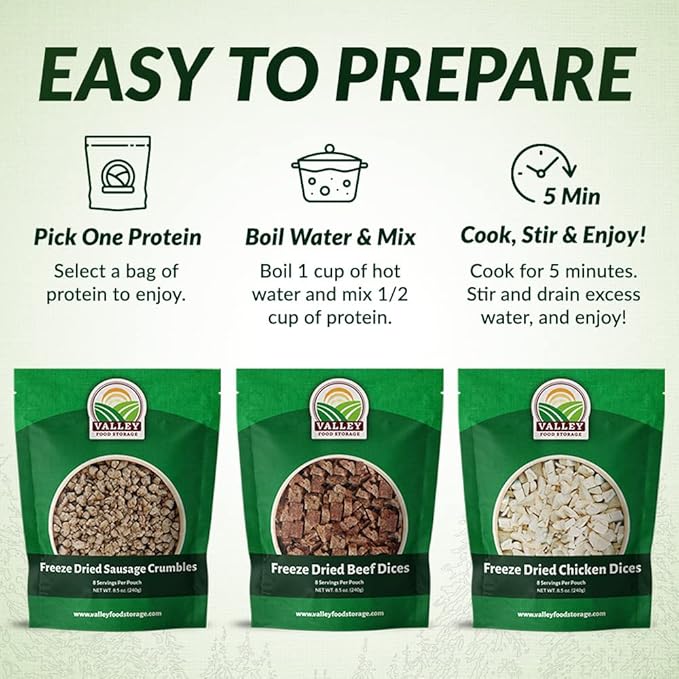 92 Serving Freeze Dried Meat Bucket | Premium Emergency Food Supply Contains 1,352g Protein | Survival Food 25 Year Shelf Life | Backpacking Meals, Prepper Supplies | Valley Food Storage