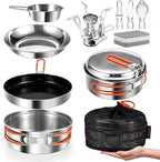 Odoland 10pcs Stainless Steel Camping Cookware Camping Pot and Pan Set with Portable Camping Stove Camping Mess Kit with Plates Bowls Forks Knives Spoons for Hiking Backpacking and Picnic