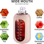 CIVAGO 64 oz Glass Water Bottle Jug with Straw and Handle, Half Gallon Sports Motivational Bottle with Time Marker and 2 Lids, Large Flask Canteen with Silicone Sleeve for Gym, Beige