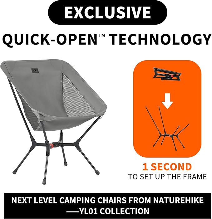 Naturehike YL01 Snap Camping Chair, 1 Second Setup Frame, 441lb Capacity, Portable Backpacking Chair with Storage Bag, Lightweight & Compact Folding Camp Chair for Backpacking Camping Fishing