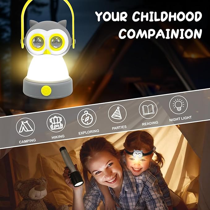Portable LED Camping Lantern, Head Lamp Kit, Lightweight Battery Powered LED Flashlight for Indoor Outdoor, Kids Camping Gear Gift for Children's Day, Birthday, Easter, Adventure(Owl Set)