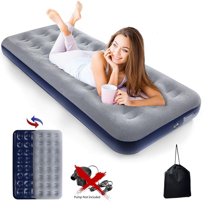 Camping Air Mattress Inflatable Air Bed Flocked Surface Travel Bed Sleeping Pad Air Bed for Outdoor Camping Tent Guest Travelling（Navy Blue,2 PCS）