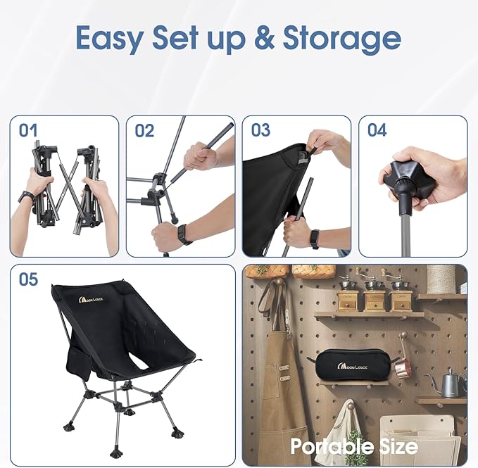 MOON LENCE Portable Camping Chair Plus Size, Folding Backpacking Beach Chair with Groundgrip Feet, Upgraded Comfort & Size, Still Compact and Lightweight for Hiking, 330Lbs Capacity (Black)