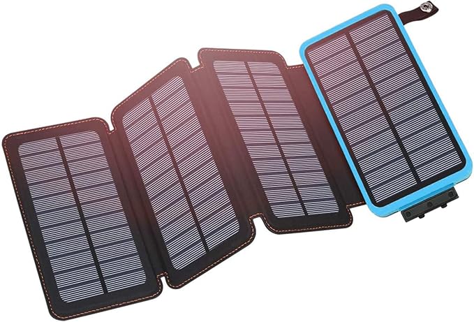 Hiluckey Solar Charger 25000mAh, Outdoor USB C Portable Power Bank with 4 Solar Panels, 3A Fast Charge External Battery Pack with 3 USB Outputs Compatible with Smartphones, Tablets, etc. (Blue)