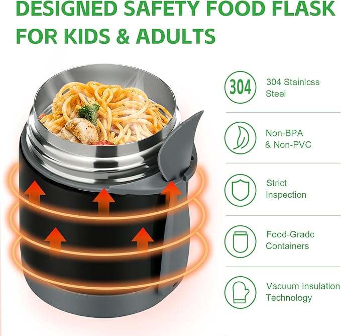 10oz Soup Thermo for Hot Food Kids Insulated Food Jar,Thermo Hot Food Lunch Container, Width Mouth Stainless Steel Lunch Box for Kids with Spoon (Black)