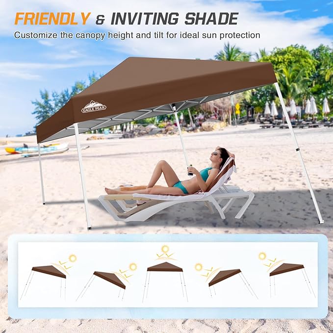 EAGLE PEAK 10x10 Slant Leg Pop-up Canopy Tent Easy One Person Setup Instant Outdoor Beach Canopy Folding Portable Sports Shelter 10x10 Base 8x8 Top (Dark Brown)