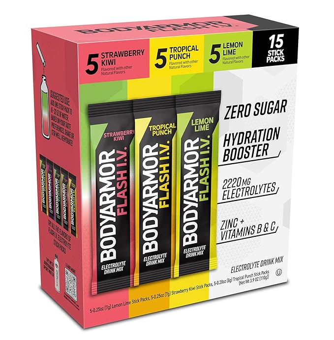 BODYARMOR Flash IV Electrolyte Packets, Strawberry Kiwi, Lemon Lime, & Tropical Punch Variety Pack - Zero Sugar Drink Mix, Single Serve Packs, Coconut Water Powder (15 Count)
