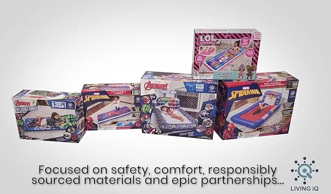 Living iQ Jr Twin-Size Kids Inflatable Air Bed, Blow-Up Mattress with Disney Marvel Spider-Man Theme, Waterproof & Puncture Resistant Vinyl, Lightweight & Portable for Travel, Hotel, Camp & Sleepover