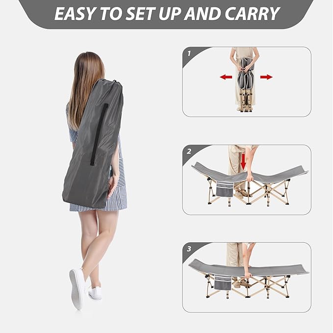 Folding Camping Cot for Sleeping, Portable Cots for Adults, Heavy Duty Cot Bed 550LBS(Max Load), Extra Wider Cots with Large Pocket for Outdoor, Office, Beach