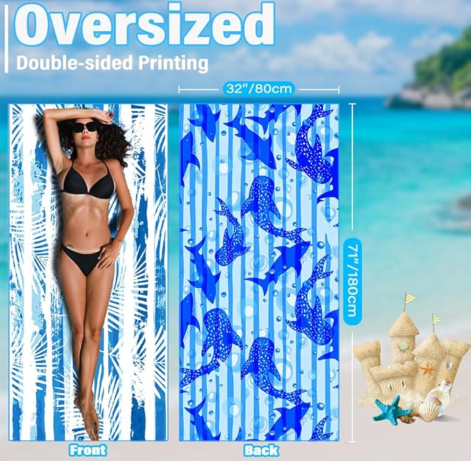 2 Pack Lightweight Thin Microfiber Beach Towel Sand Free Quick Dry Absorbent Compact Soft Pool Swim Travel Towels Extra Large Oversized Beach Accessories Packable Essentials Stuff Gifts for Adult