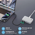 USB C Charger 200W USB C Charger Block,Upgraded GaN III 8-Port Fast Charging Station Hub,PD 65W Laptop Charging Adapter Compatible with MacBook Pro/Air,DELL,Steam Deck,iPhone 16/15/14,Galaxy S23/22