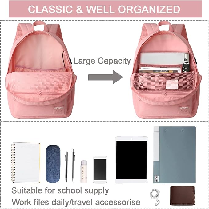 SUPACOOL Casual Laptop Backpack for Men and Women, Backpack for College, USB Charging Port, Lightweight Pack Back(Pink)