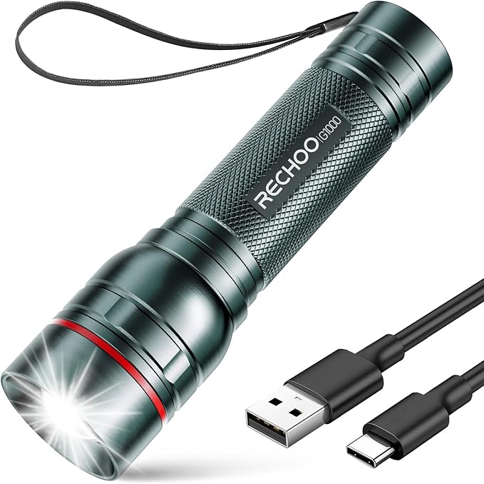 Rechargeable Flashlights High Lumens, G1000 Super Bright Flash Light Grey, Small Zoomable LED Flashlight with 3 Lighting Modes, Portable Tactical Flashlight for Camping Essentials (Battery Included)
