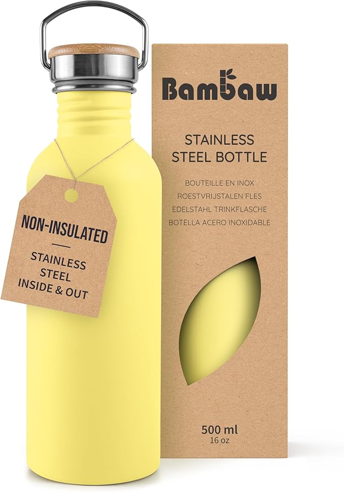 Bambaw 500 ml Stainless Steel Sports Bottle, Yellow Sports Bottle, Non-Insulated Water Bottle, Children's Stainless Steel Bottle, Children's Metal Water Bottle – Imperial Yellow
