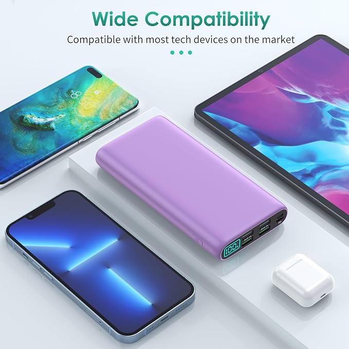 Portable Charger 38800mAh,LCD Display Power Bank,5 USB Outputs Battery Pack Backup,USB-C in&out Dual Input Phone Charging Compatible with iPhone 16/15/14 Pro,Android Samsung Galaxy Pixel Nexus-Purple