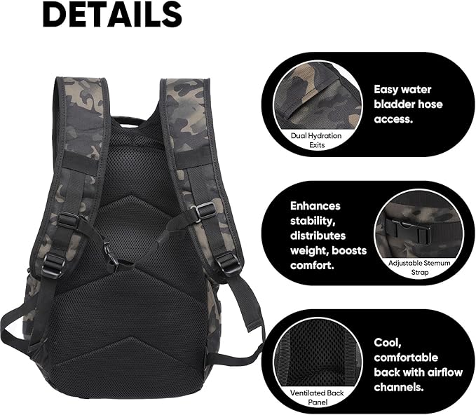 35L Tactical Backpack for Men, MOLLE Military Bug Out Bag, Waterproof Rucksack for Hiking with Hydration Port Balck CP